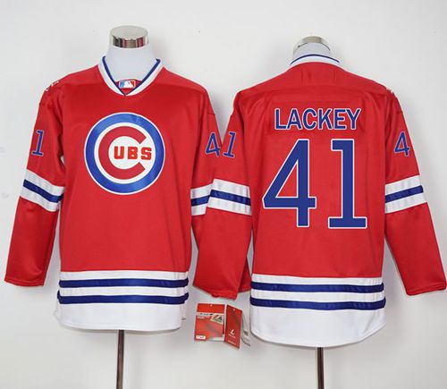 Cubs #41 John Lackey Red Long Sleeve Stitched MLB Jersey - Click Image to Close
